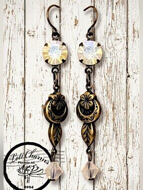 Victorian White Opal AB Crystal In Long Flower Dangling Brass Earrings
